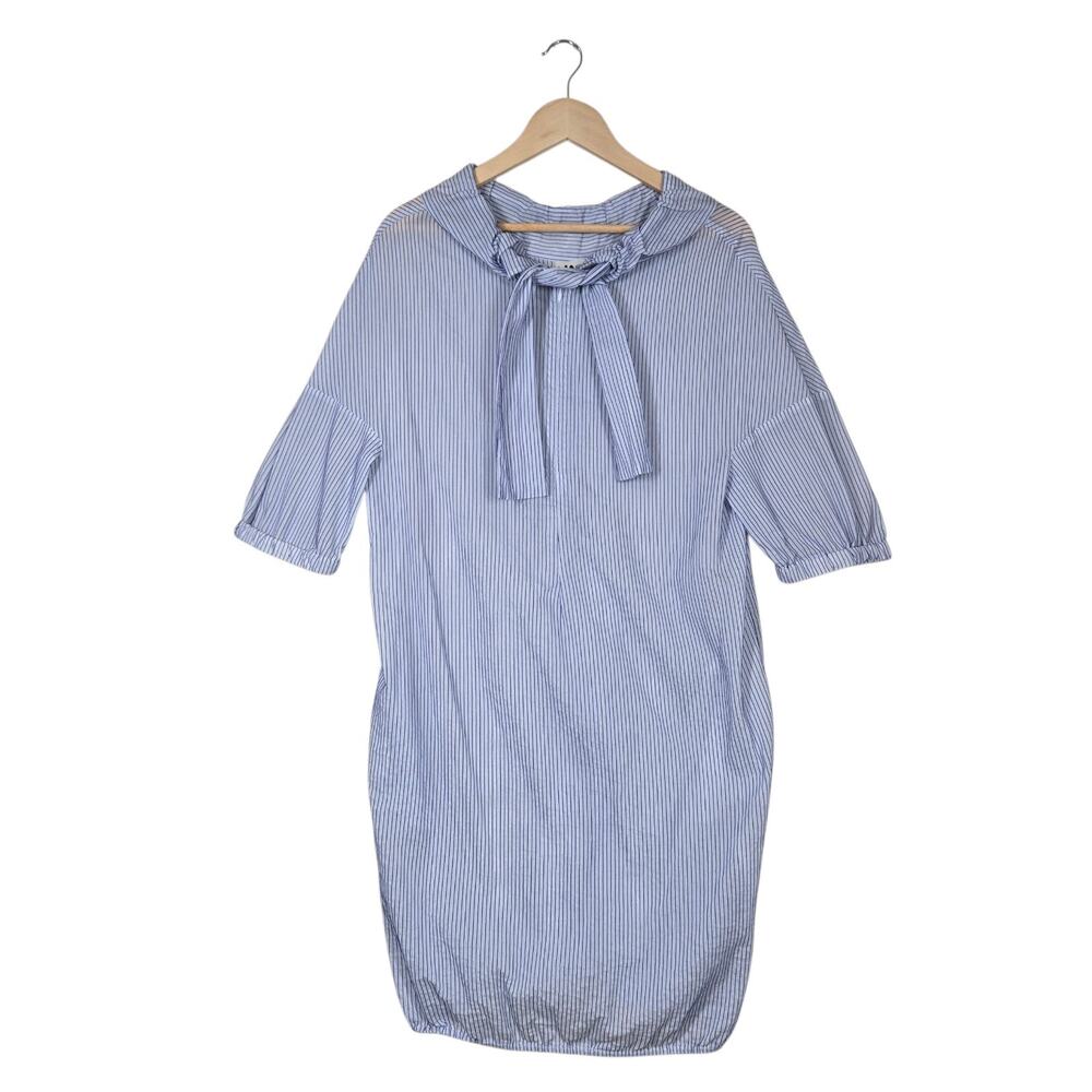Hache Shirt Dress 42 Blue Stripe Tie Neck Italian Minimalist Lagenlook